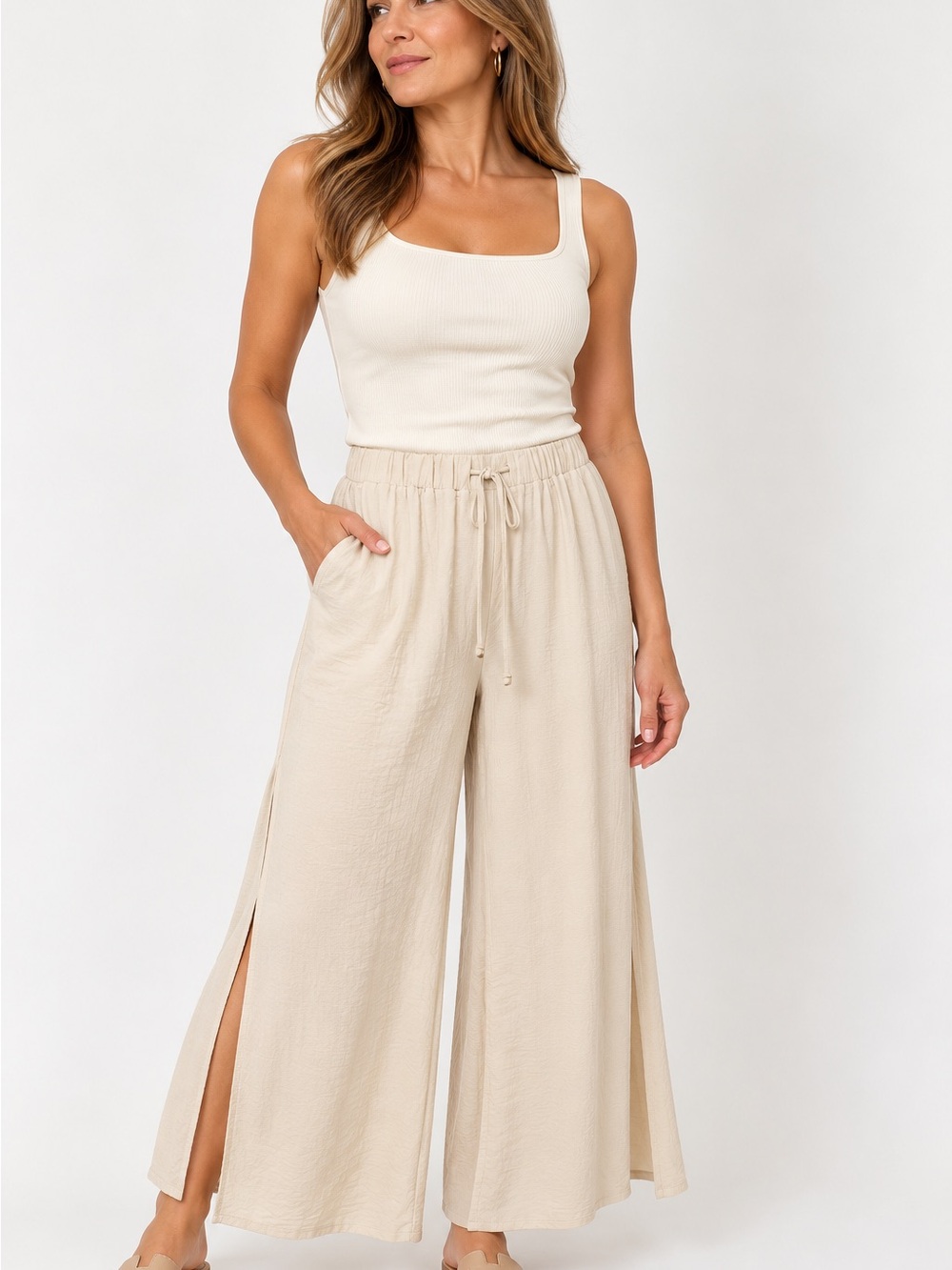 Wide Leg Split Hem Lounge Pants - Cream